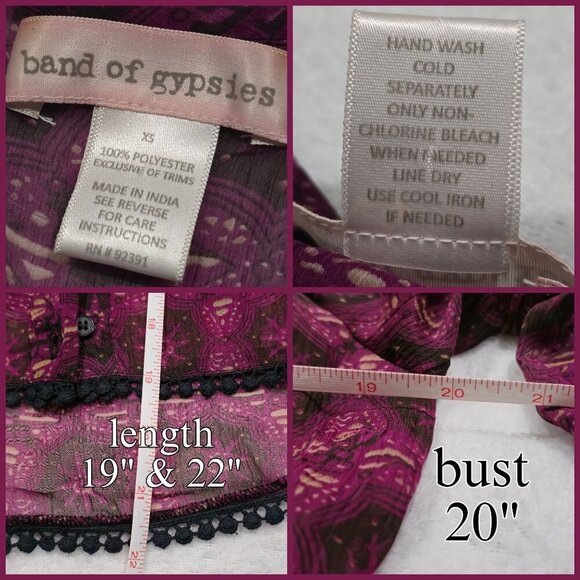 Band of Gypsies ✦ Sheer Boho Kimono Top ✦ Purple Print Crochet Trim Blouse XS - Picture 11 of 11